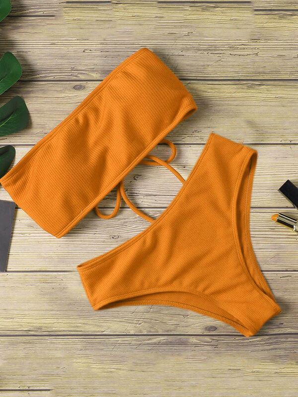 Nowe Bikini z wysokim stanem bez ramiączek seksowne Bikini kobiet stroje kąpielowe kobiety strój kąpielowy wyściełany kostium kąpielowy Monokin czysty kolor