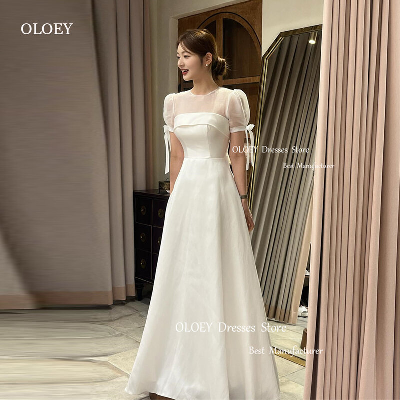 Oloey ชุดเดรสแต่งงานเกาหลีแบบเรียบง่ายชุดกระโปรงสำหรับเจ้าสาวผ้าซาตินคอกลมแขนสั้นสำหรับถ่ายรูป