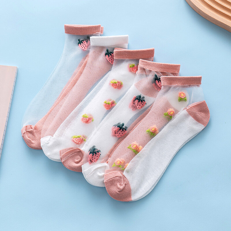 5 Pairs Women Cute Casual Ankle Socks Harajuku Kawaii Cartoon Strawberry Bear Crystal Silk Transparent Elastic Short Lace Socks