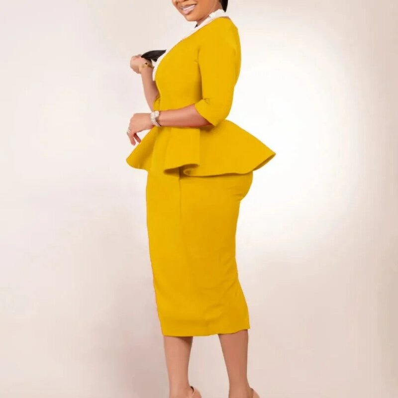 Primavera estate elegante ufficio Ruffle Pencil Dress donna mezza manica Solid Slim Fashion Business pendolare Hip Wrap Dress Women