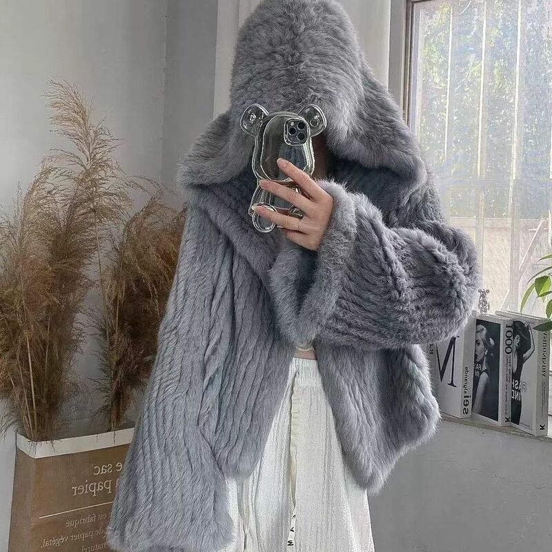 Autumn Winter Women Real Rabbit Fur Coat 100% Natural Fur Jacket Loose Manual Weave Quality Streetwear Hooded Flare Sleeves New