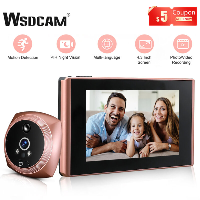 Wsdcam-Sonnette vidéo avec vision nocturne, caméra judas, 4.3 ", 2500mAh, visionneuse de porte, détecteur de mouvement, caméras de sécurité à domicile