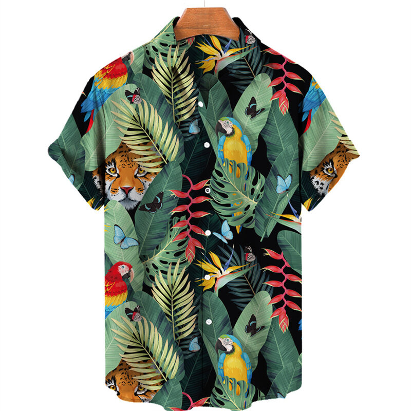 الرجال الغابة الاستوائية فلامنغو 3D طباعة قميص هاواي ، الصيف الشارع قمم قصيرة الأكمام ، هاراجاكو أزرار طية صدر السترة بلوزة فضفاضة