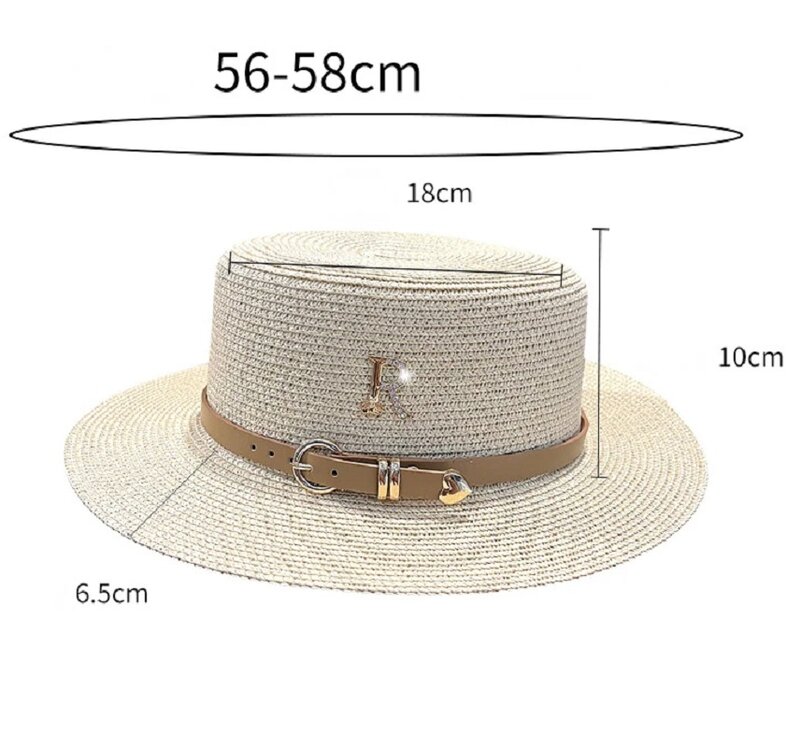Topi matahari musim panas, topi jerami atas datar untuk wanita baru, huruf R logam modis topi matahari pantai wanita perjalanan liburan topi Boater