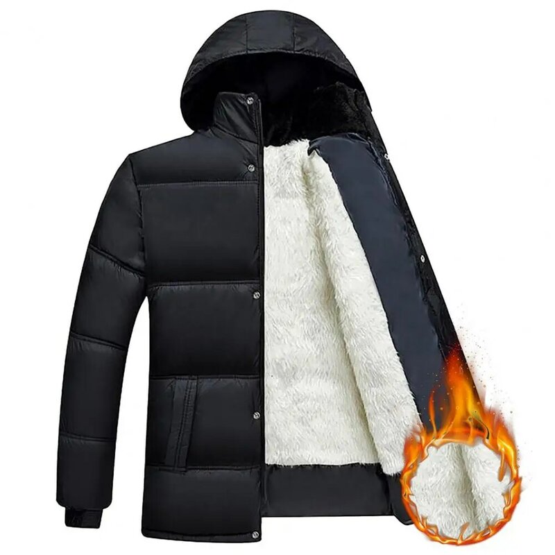 Mantel bertudung untuk pria, jaket katun musim dingin empuk tebal mewah dengan kancing penutup lembut tahan angin elastis, jaket pria usia sedang