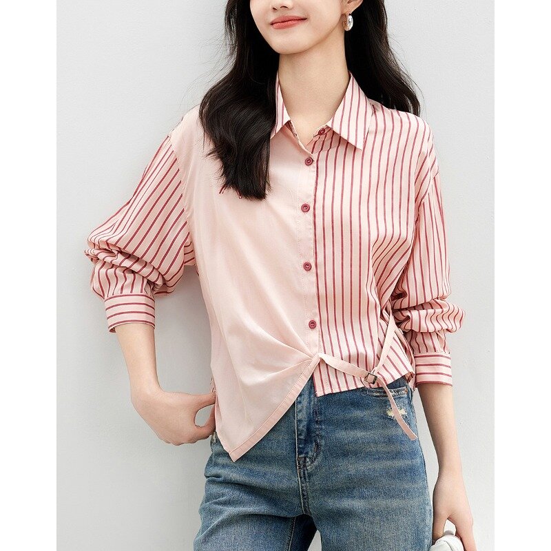 Miiiix Spring New Fashion Casual Loose Top Women's 2024 Korean Stripe Contrast Irregular Design Short Shirts Female Clothing