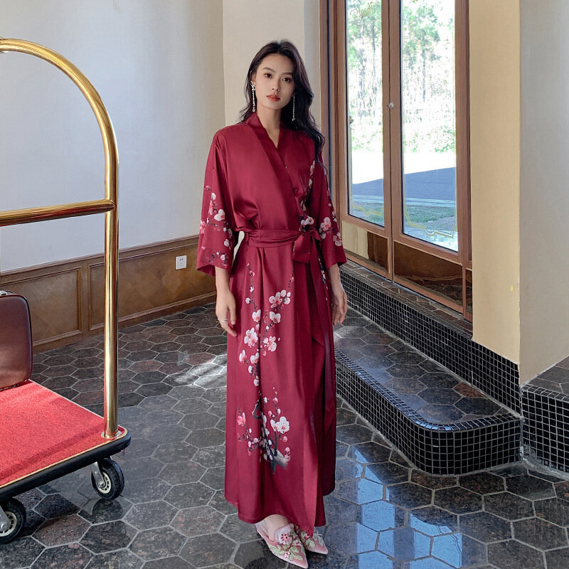 Jubah mandi panjang wanita, pakaian tidur Kimono Satin seksi, jubah panjang Motif sutra musim panas untuk wanita