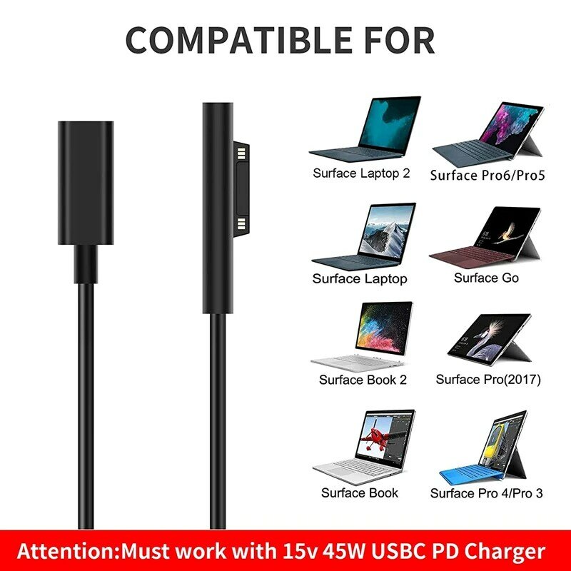 Nku Type-C Female To Surface Connect 15V/3A 45W PD Charging Cable Compatible with Surface Pro 6/5/4/3 Go Book2/1 Laptop4/3/2/1
