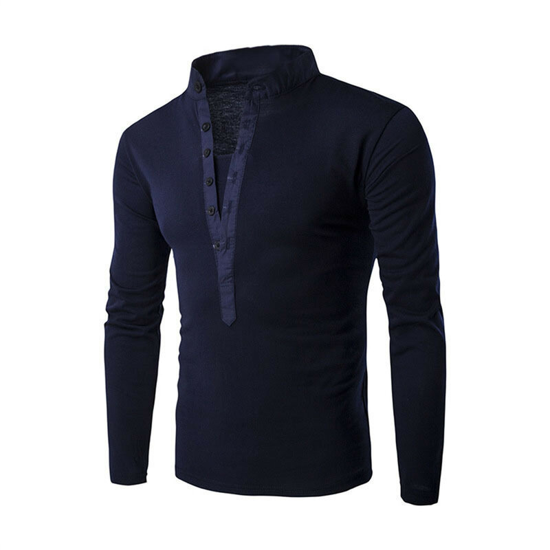 Men'S Solid Color Stand Up Casual Fashion Button Placket Slim Long Sleeved T Shirt Tee Top Dark