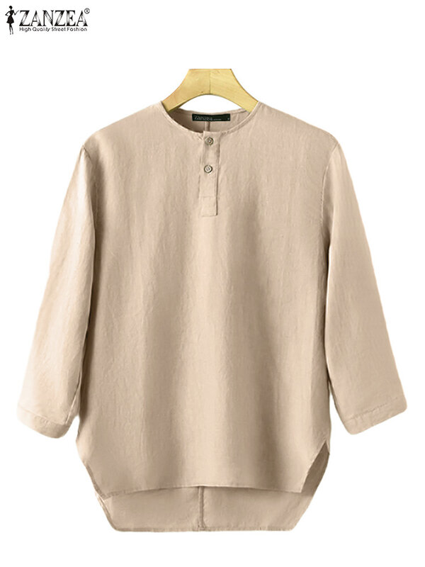 ZANZEA-Blusa casual de cor sólida para mulheres, camisa de rua, manga 3/4, túnica com o pescoço, festa vintage, moda primavera