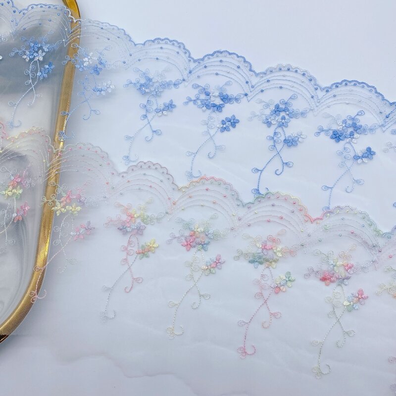 Tela de encaje bordado de malla de flores coloridas, accesorios de puño Lolita, ropa de boda para niños, bricolaje, 3 yardas