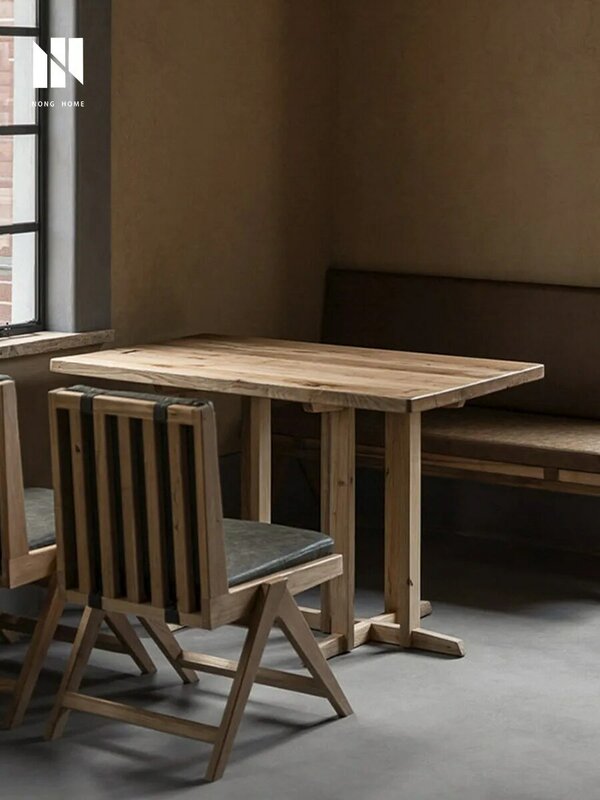 Meja makan kayu padat retro komersial, Meja kecil restoran, Meja kayu persegi, toko kopi, meja makan angin senyap