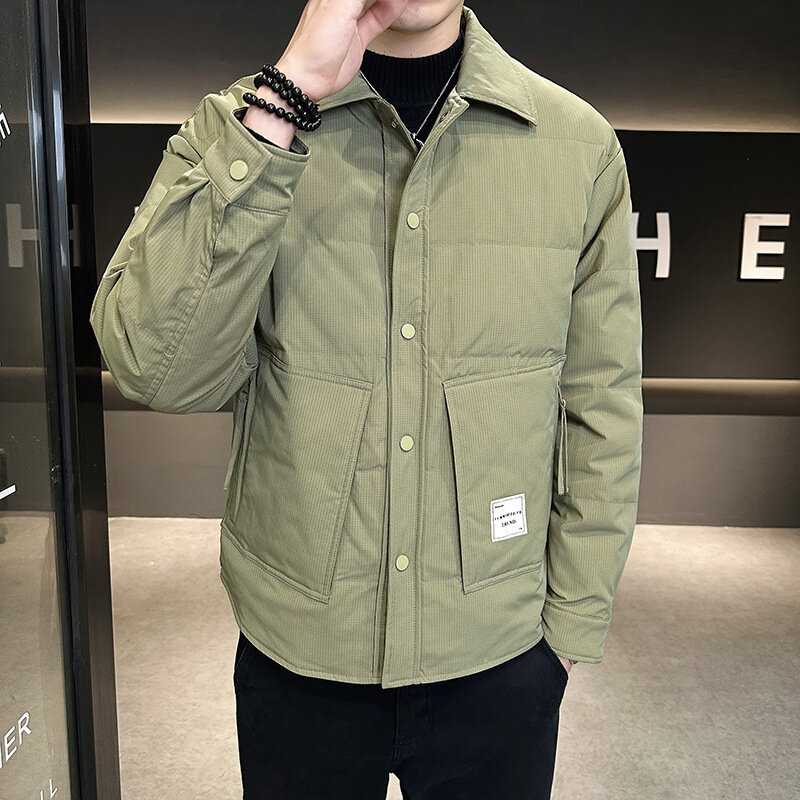 Winter Men Fashion Lapel Down Jacket White Duck Down Warm Casual Jacket Solid Color Loose Large Size Single Breasted Outwear