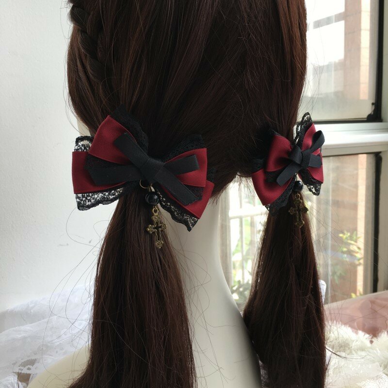 Accesorios lolita horquilla de lazo rojo vino negro tocado gótico estilo KC Lolita accesorios para el cabello