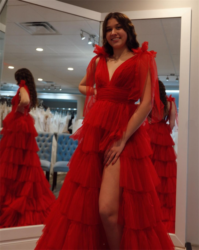 فستان آن أحمر حلو ، قلادة على شكل v ، تول ، للعروس ، رسمي ، حفل زفاف ، فساتين ، حفلة موسيقية