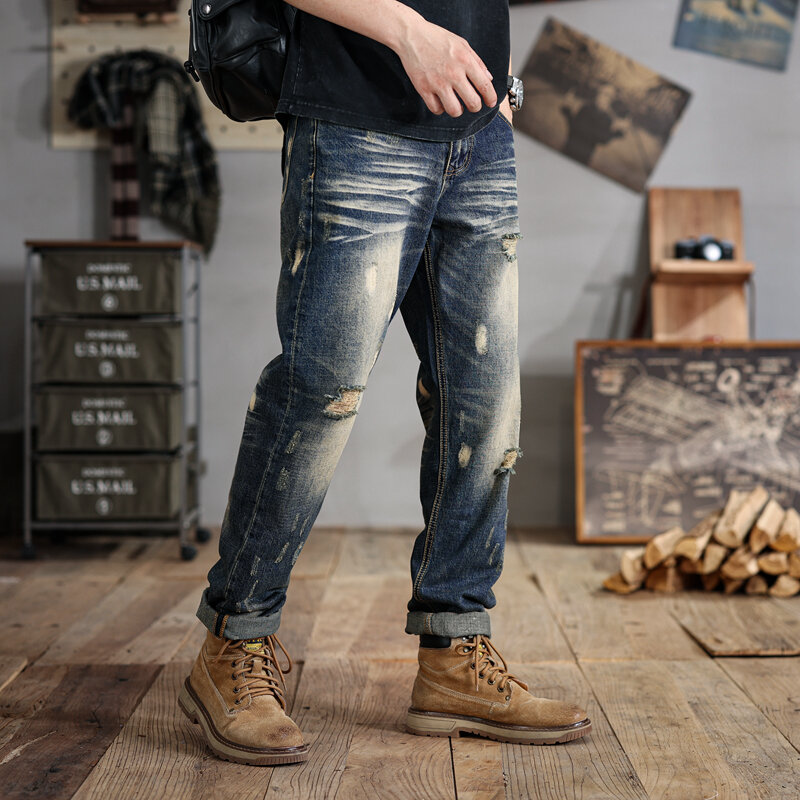 2024 estate nuovi Jeans strappati da uomo di grandi dimensioni larghi elastici retrò indossati dall'aspetto lavato Casual All-Matching190KGPants28-48Size