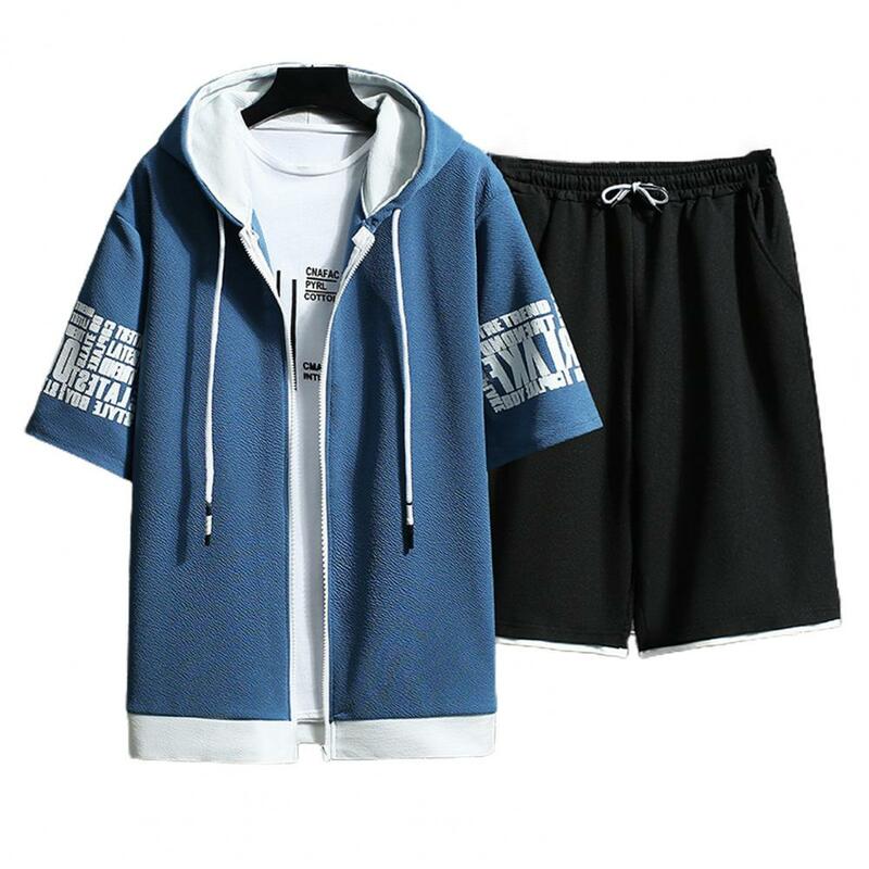 Fashion Men's Sets Hooded Summer Casual Sportswear Men Short Sleeve Zipper Tops+shorts 2 Piece Hip Hop Streetwear Male Tracksuit