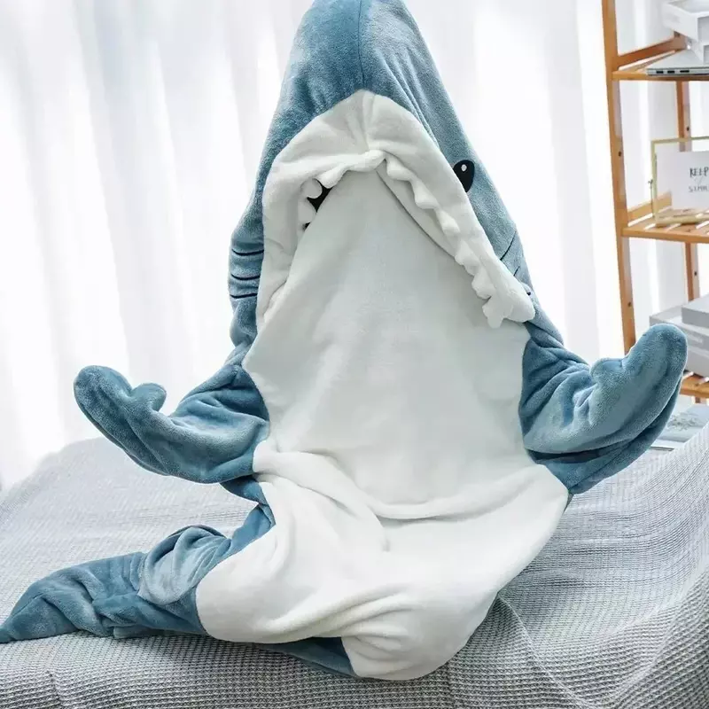 Saco de dormir tubarão dos desenhos animados para crianças e adultos, cobertor macio, tecido aconchegante, xale sereia, cobertor de soneca, pijama, escritório, Karakal