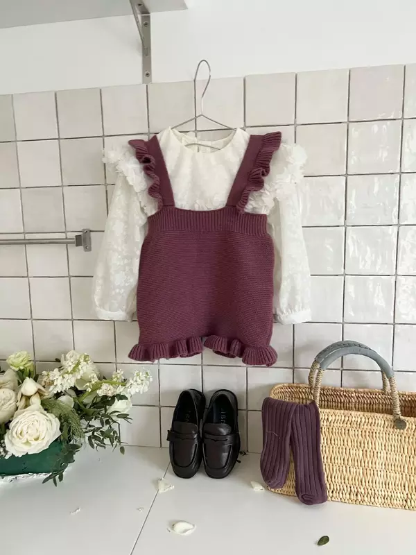 2024 Spring New Children Clothes Sets Long Sleeves Lace Collar Shirt Girls Knitted Suspenders Shorts 2pcs Overalls Jumpsuit