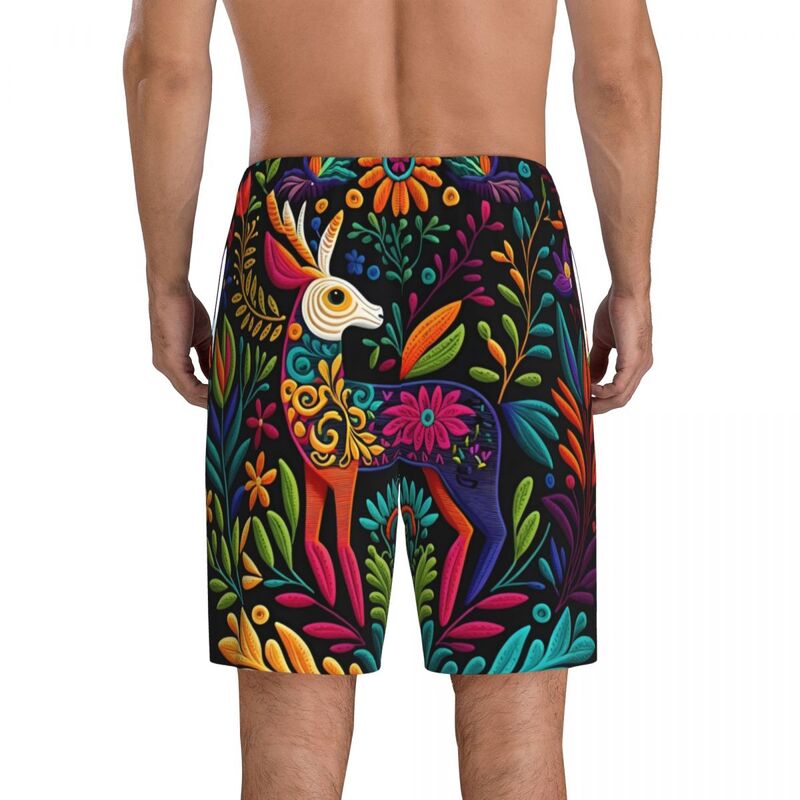 Arte masculina padrão pijama Shorts, personalizado impresso, flores mexicanas, bordado Otomi, pijamas do sono, pijamas com bolsos