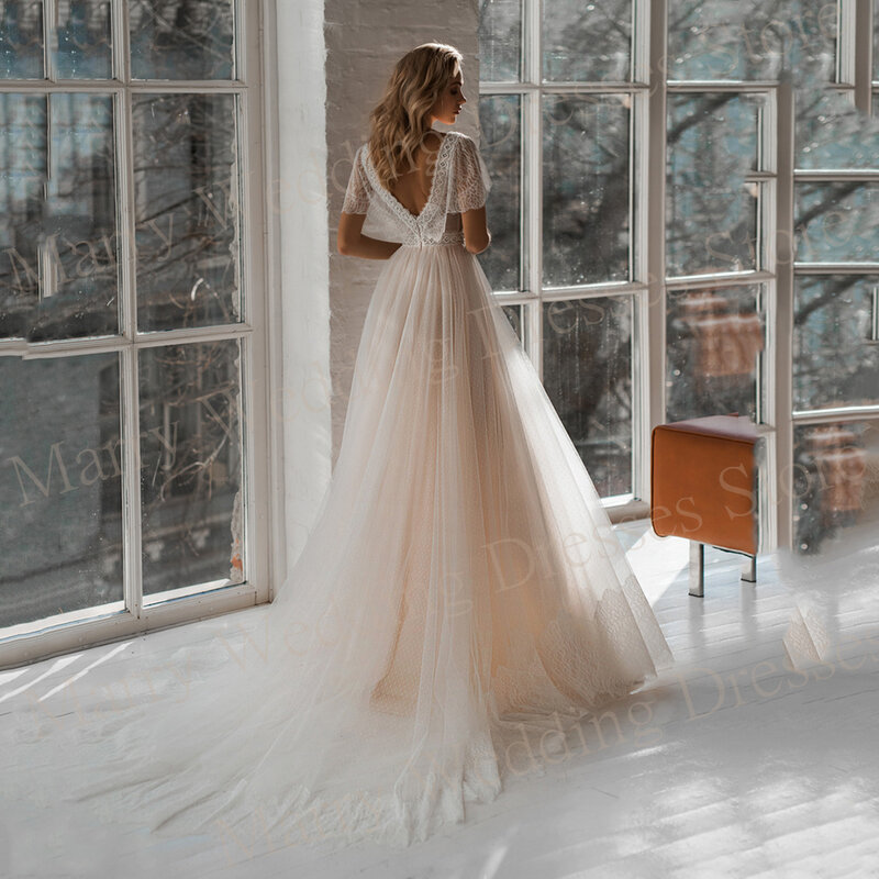Женское свадебное платье А-силуэта, классическое платье невесты с кружевной аппликацией и V-образным вырезом, Тюлевое платье с открытой спиной, 2024