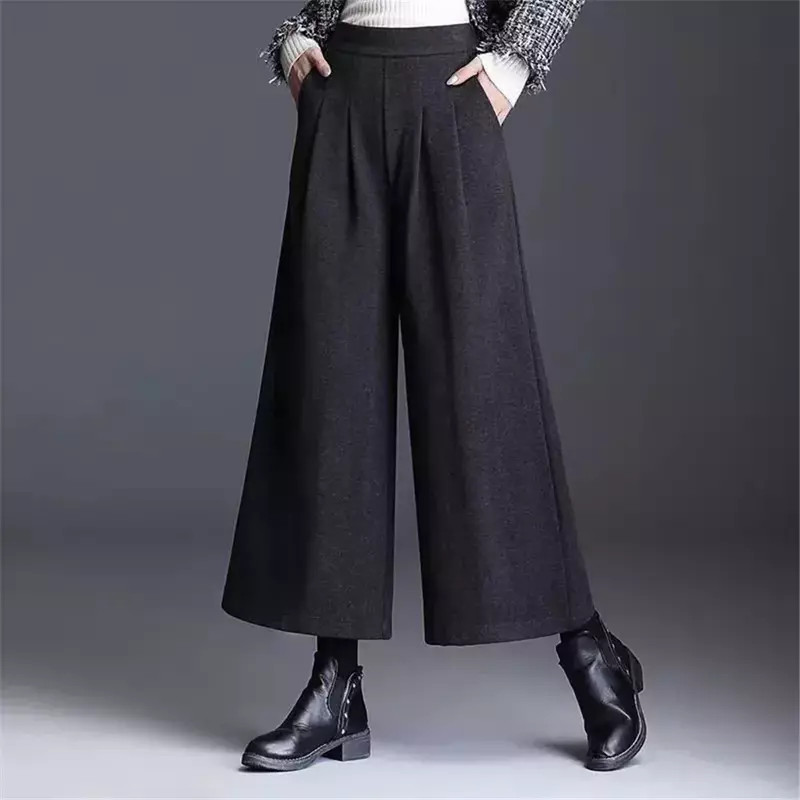 Женские брюки с широкими штанинами, новые зимние утепленные шерстяные брюки, элегантные мягкие кожаные брюки с высокой талией, качественные офисные брюки с юбкой