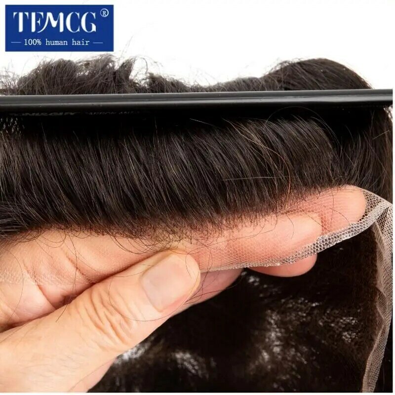 Szwajcarska pełna koronkowa tupecik dla mężczyzn naturalną linią włosów męskie włosy Prothesis oddychające przedłużanie włosów System wymiany peruki dla człowieka