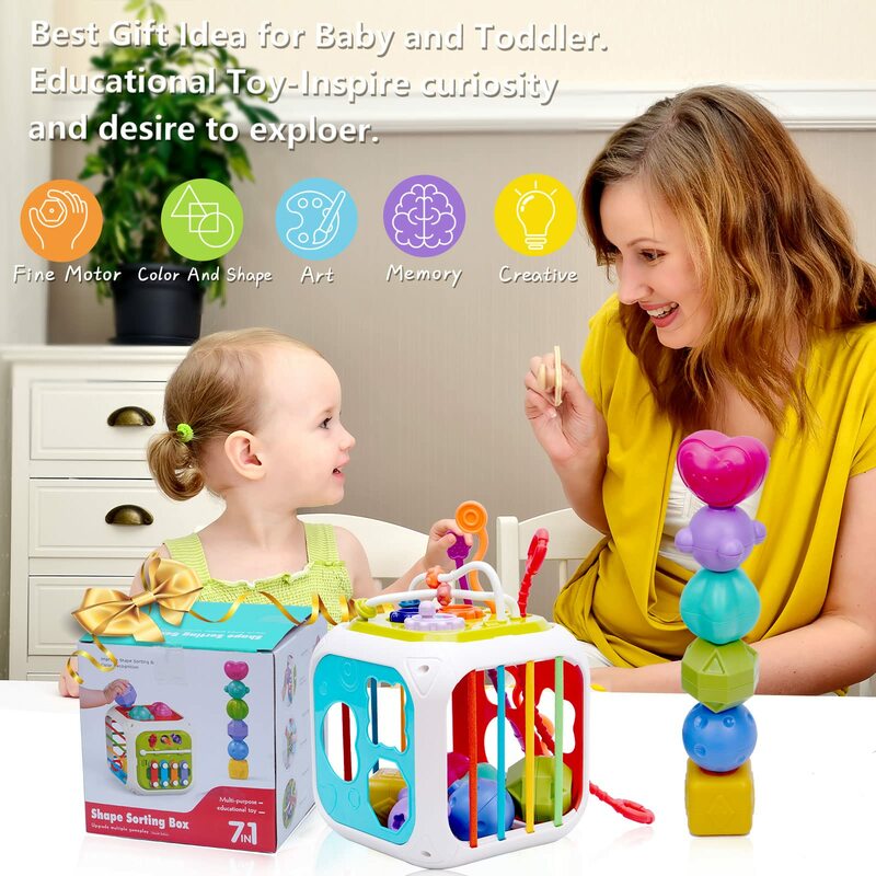 Baby Montessori Sensory Toys Pull String Shape Sorter Box Stacking Blocks Activity Cube Toy Baby Toys 6 to 12 18 Months