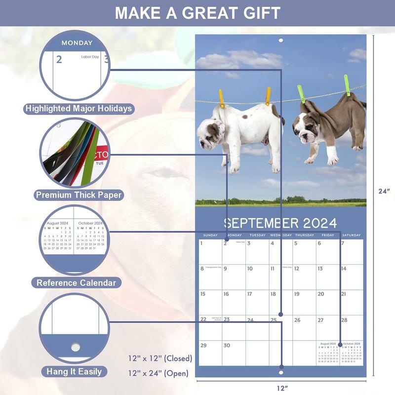 Divertente calendario da parete mensile per cani 2024 divertente calendario di carta appeso per la decorazione di capodanno della camera da letto del soggiorno di casa