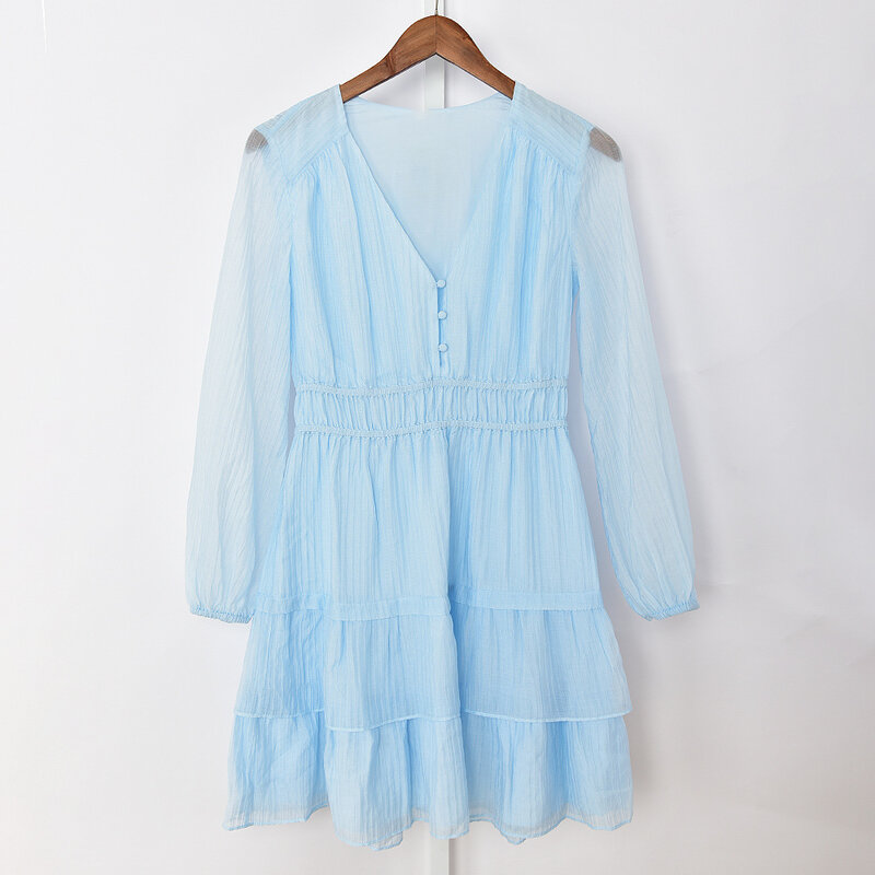 Frauen blaues Kleid plissiert V-Ausschnitt elastische Taille Puff ärmel süße Mini Robe