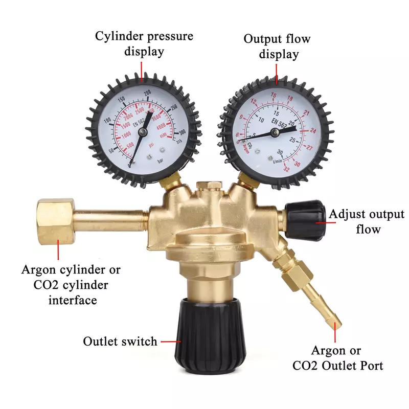 Katup pengurang tekanan Argon CO2, Regulator las 315 Bar untuk MIG/MAG TIG Flow Meter Regulator Gas