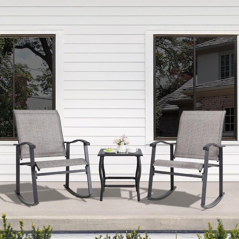 3 Piece Rocking Bistro Set, Outdoor Furniture with Rocker Chairs and Glass Coffee Table Set of 3, Balcony, Porch Furniture