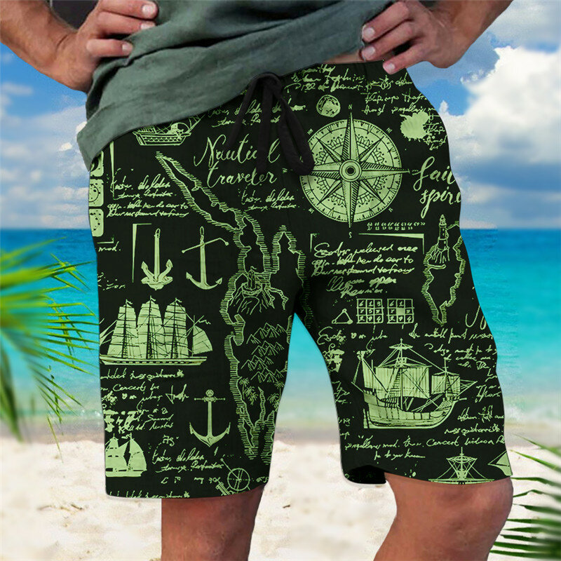 남성용 늑대 패턴 반바지, 신축성 있는 드로스트링 디자인, 깃발 프린트 패턴, 편안하고 부드러운 반바지, 여름 해변 반바지