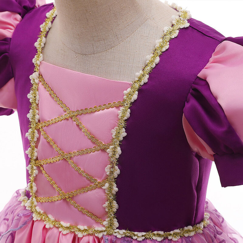 Robe de princesse violette à manches courtes pour fille, cosplay d'Halloween, robe de carnaval, robe de fête, cheveux longs, 3 à 10 ans