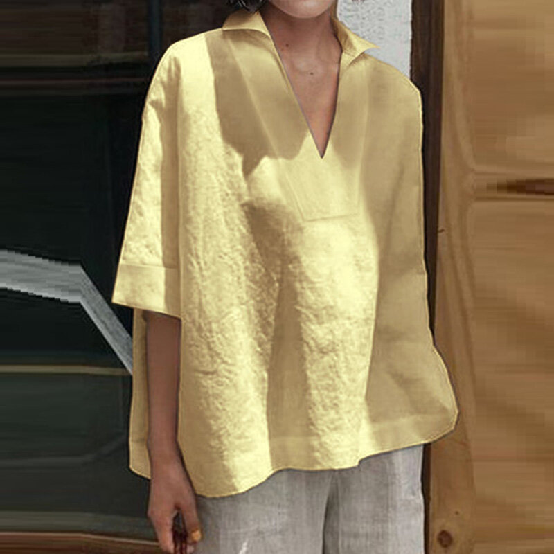 Kaus Harajuku Solid Lengan Pendek Vintage Kasual Atasan Ukuran Besar Blus Linen Katun Sederhana Elegan Longgar Wanita Cocok Leher V