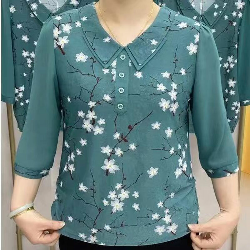 Commute Broken Flowers Blouse Female Clothing Fashion Peter Pan Collar Button Casual Spring Summer 3/4 Sleeve Patchwork Shirt