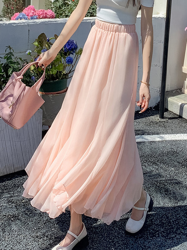 Kawaii Girls Mesh Skirts Korean Fashion Elastic Waist Black Beige Pink Summer Long Skirts with Liner High Waist Maxi Skirt Women