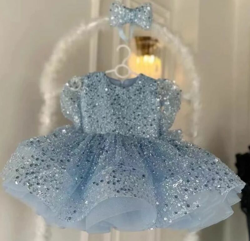 Luxury Crystals Princess Flower Girl Dress Scoop Neck Puff Girls Party Dresses for Wedding Tulle Kids Christmas Ceremonial Dress