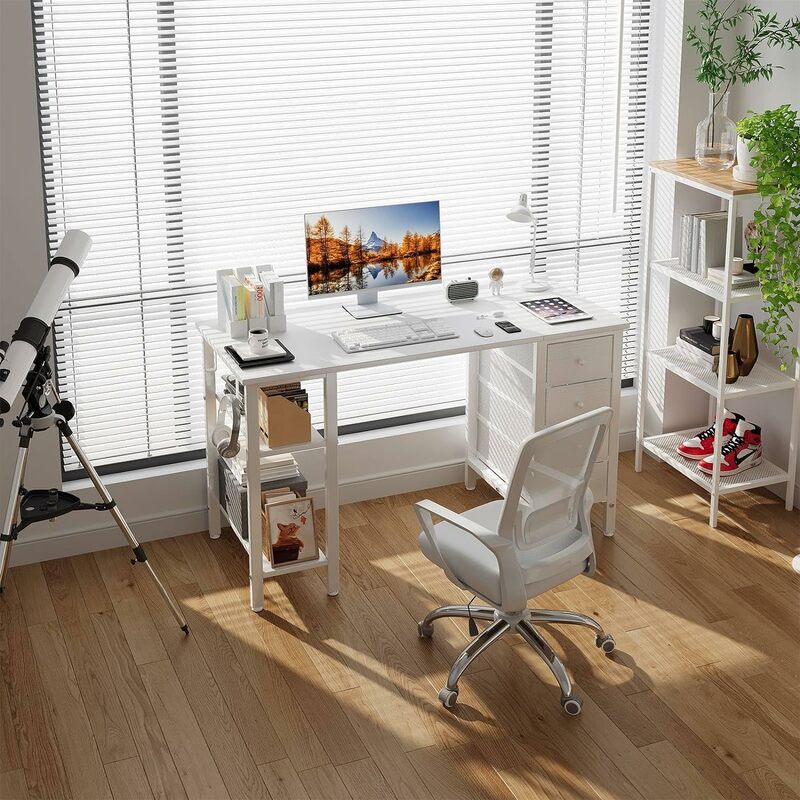 Lufeiya 서랍 및 보관 선반이 있는 흰색 컴퓨터 책상, 가정 사무실 침실용 필기 책상, 간단한 모드, 47 인치 공부 작업