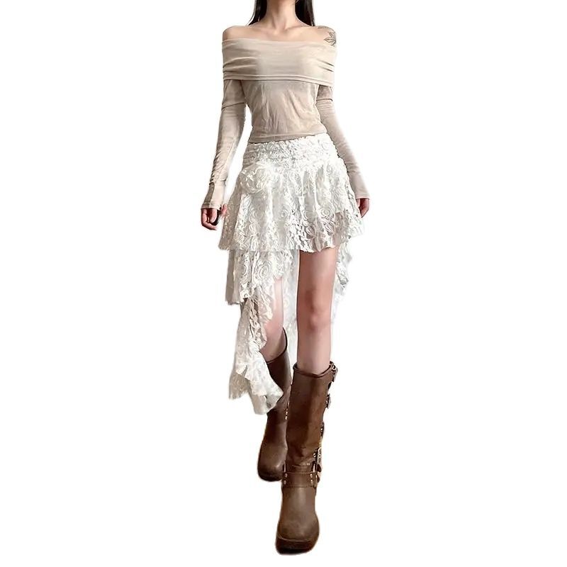 Spódnica koronka szydełkowa nieregularna Streetwear słodka Y2k estetyczna 3D spódnica z wysokim stanem kwiatowa marszczona damska wróżka Sexy Harajuku Falda