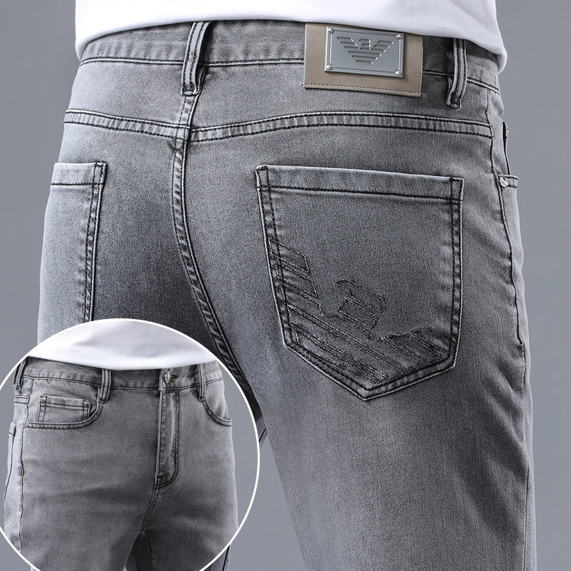 2024 wiosenne jeansy męskie lekkie luksusowe, szare, modne, wąskie, proste hafty z rozciągliwa cienka sekcją, codzienne męskie spodnie