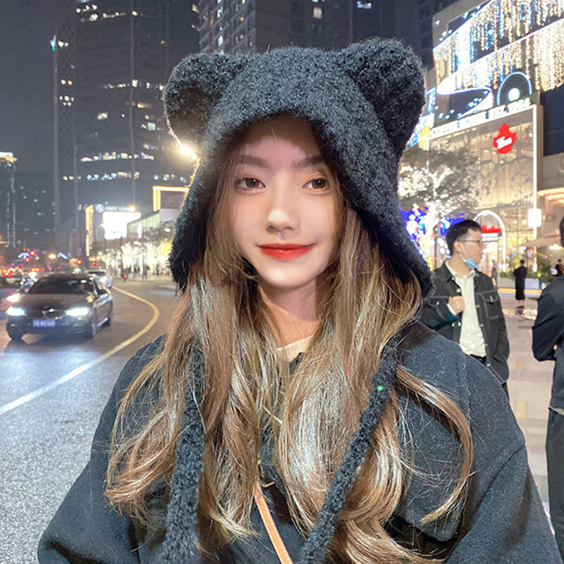Шерстяная шапка с милыми медвежьими ушками, зимние облегающие шапки, теплая вязаная шапка-бомбер со шнуровкой и защитой ушей, вязаные корейские теплые женские шапки