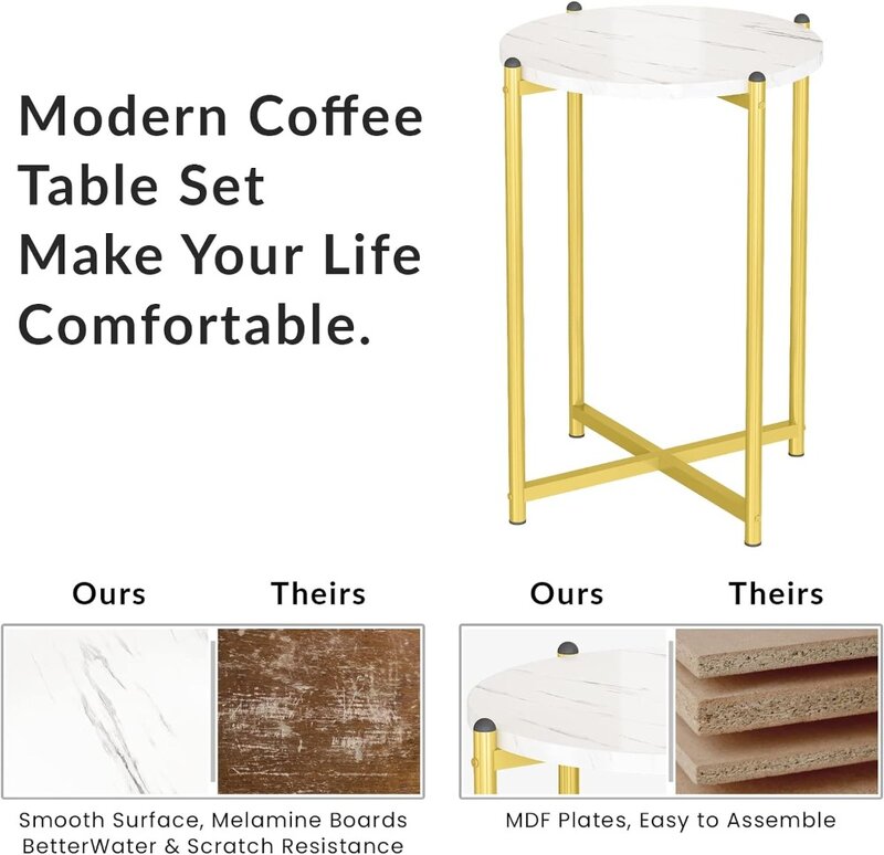 ชุดโต๊ะกาแฟยุคกลาง3ชิ้นชุดโต๊ะกาแฟหินอ่อนเทียมและโต๊ะปลายกลมพร้อมชั้นเก็บของและกรอบโลหะห้องนั่งเล่น