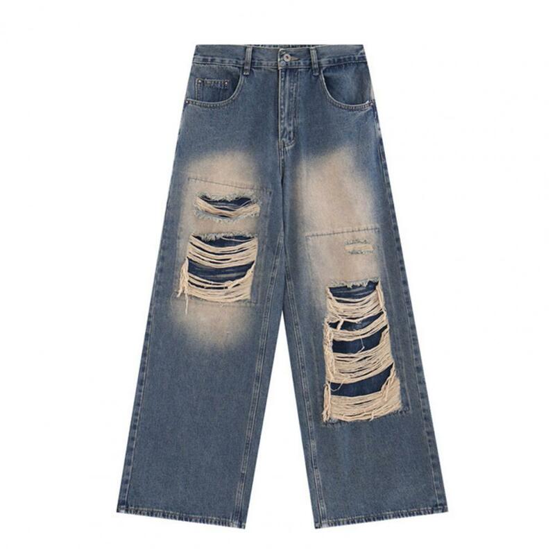 Jeans feminino vintage gótico de cintura alta de perna larga com buracos rasgados, estilo hip-hop com cores sólidas para um