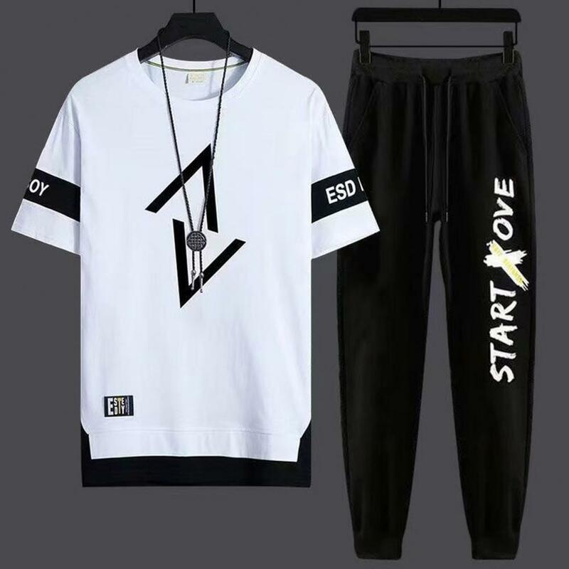 Roupas esportivas casuais masculinas, camiseta estampada com letras, conjunto de moletom de perna larga, roupa esportiva de secagem rápida, elástica