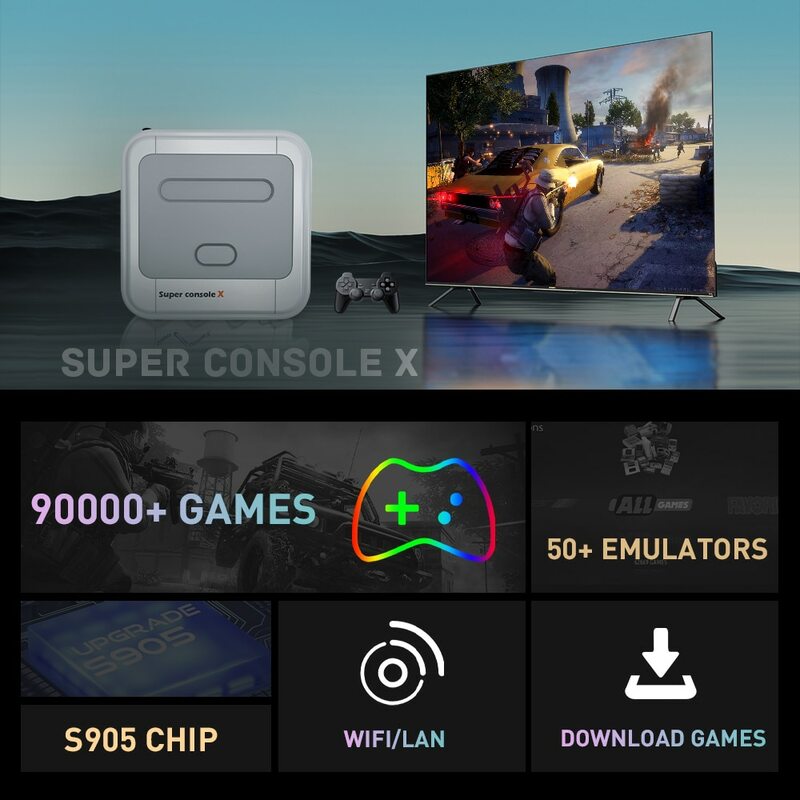 KINHANK-Super Console X Caixa de Videogame Retro com Controladores, Suporta 90000 Jogos, 50 Emuladores para PS1, PSP, MAME, DC