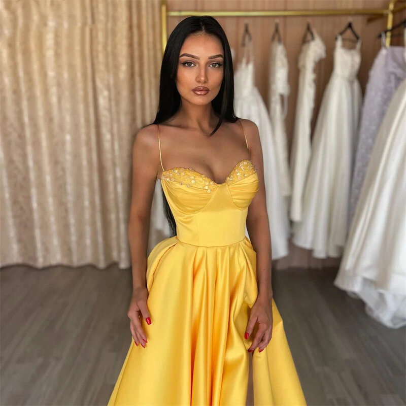 Yellow A-line sweetheart collar beaded backless sexy side slit Elegant ladies custom evening dress Party PROM graduation