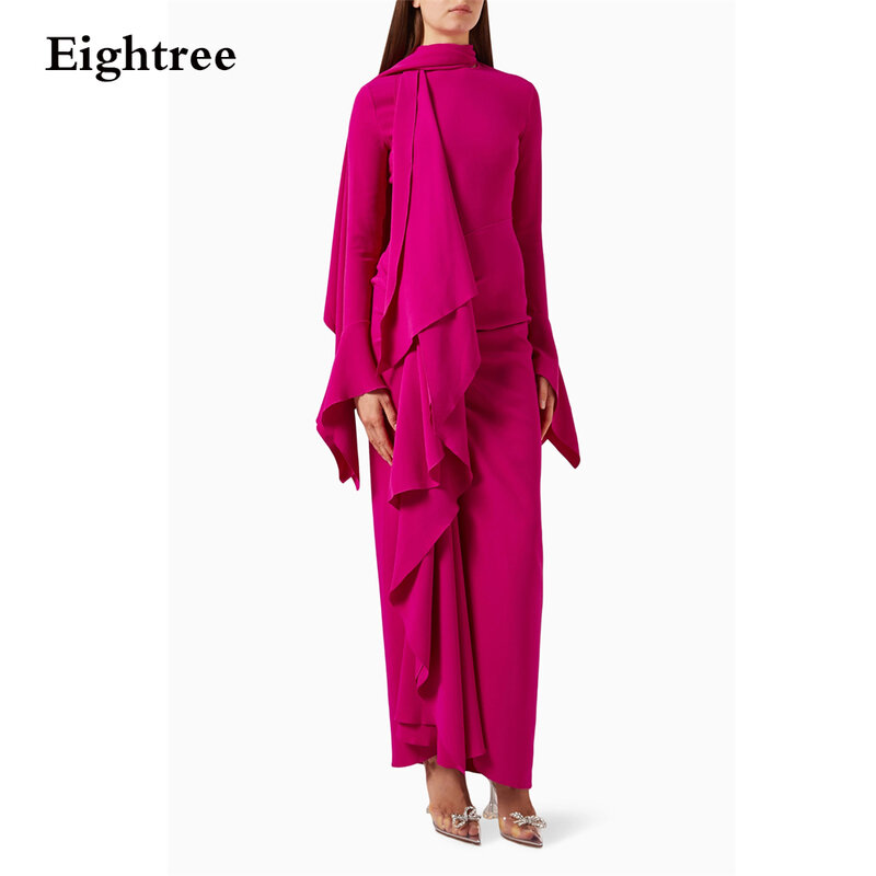 Eightree Chic Fuschia Evening Dresses Long Sleeves High Neck Arabic Outfits Prom Gowns Stratch Satin Beach Casual Party Dress