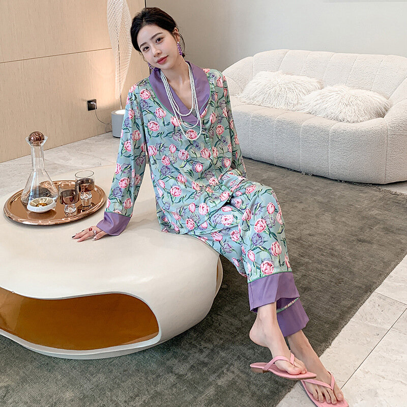 Pijamas de seda de hielo para mujer, ropa de casa de manga larga con patrón abstracto, venta al por mayor