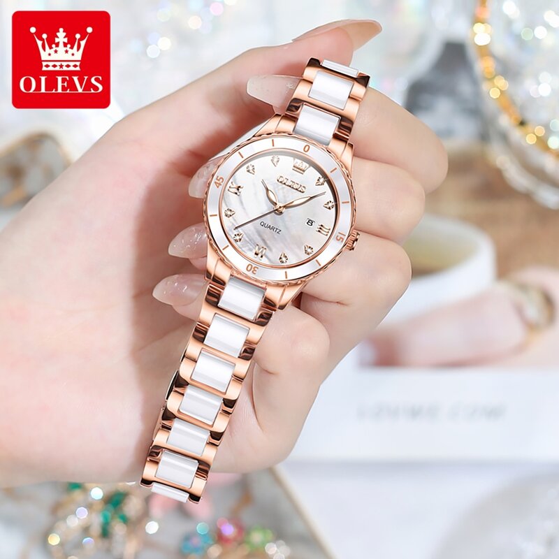 OLEVS Top Light Luxury Brand Exquisite Women's Watches Fritillaria Dial Quartz Watch for Lady Calendar Waterproof Gift Bracelet